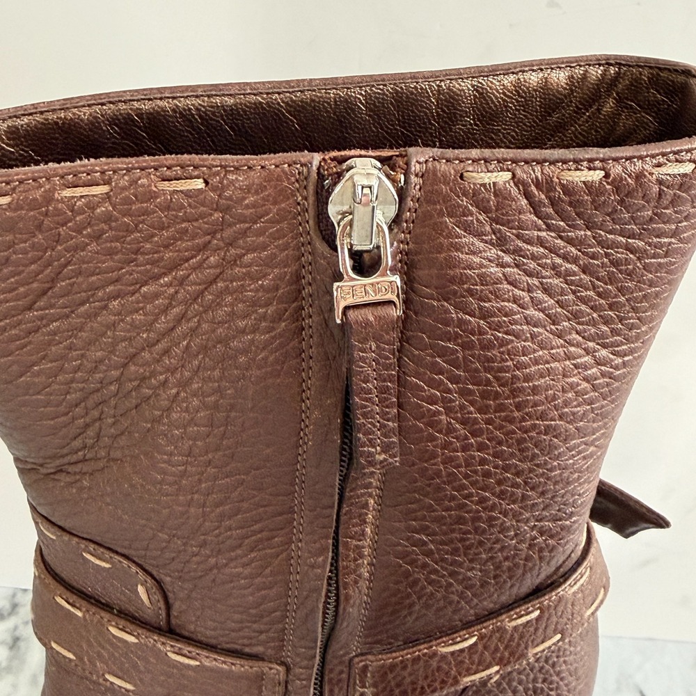 Fendi Italy Brown Pebbled Leather Whipstitch Ankle Buckle Boots Platform 41 (11) - Picture 3 of 16